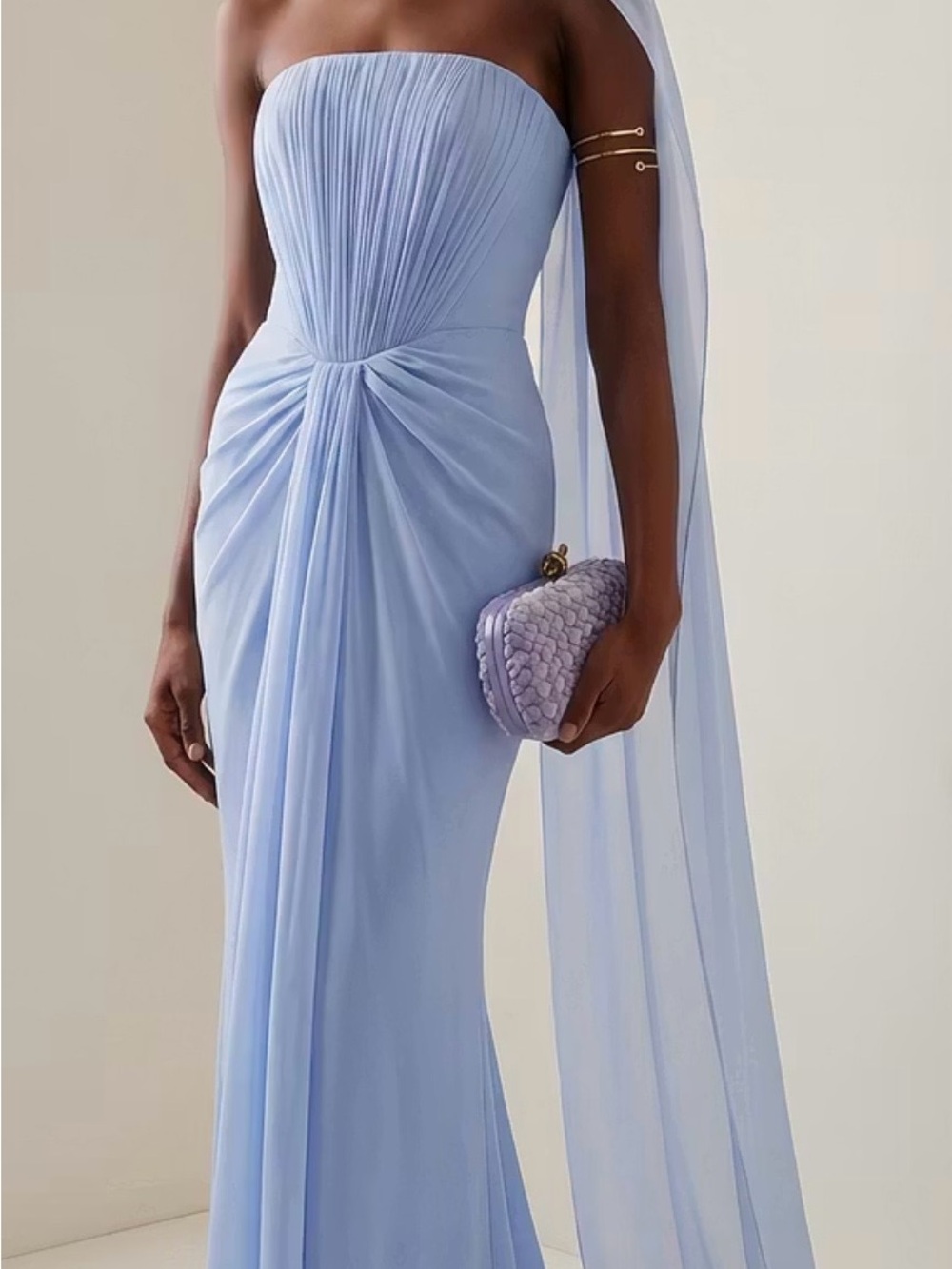 Strapless Pale Blue Gathered Chiffon Evening Gown